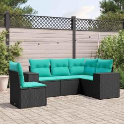 Salon de jardin 5 pcs avec coussins noir r&eacute;sine tress&eacute;e