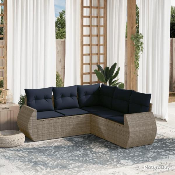 Ensemble de canap� de jardin 5 pcs avec coussins gris r�sine tress�e