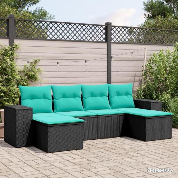 Salon de jardin 6 pcs avec coussins noir r�sine tress�e