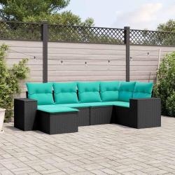 Salon de jardin 6 pcs avec coussins noir r&eacute;sine tress&eacute;e