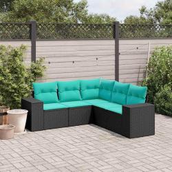 Salon de jardin 5 pcs avec coussins noir r&eacute;sine tress&eacute;e