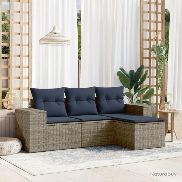 Ensemble de canap� de jardin 4 pcs avec coussins gris r�sine tress�e
