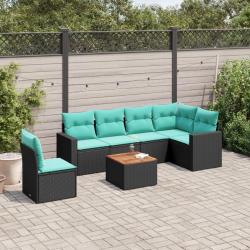 Salon de jardin 7 pcs avec coussins noir r&eacute;sine tress&eacute;e