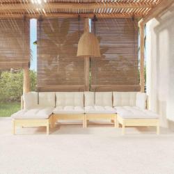 Salon de jardin 6 pcs avec coussins cr&egrave;me bois de pin