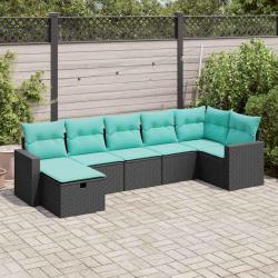 Salon de jardin 7 pcs avec coussins noir r&eacute;sine tress&eacute;e