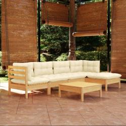 Salon de jardin 6 pcs avec coussins cr&egrave;me bois de pin