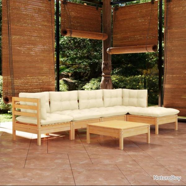 Salon de jardin 6 pcs avec coussins cr�me bois de pin
