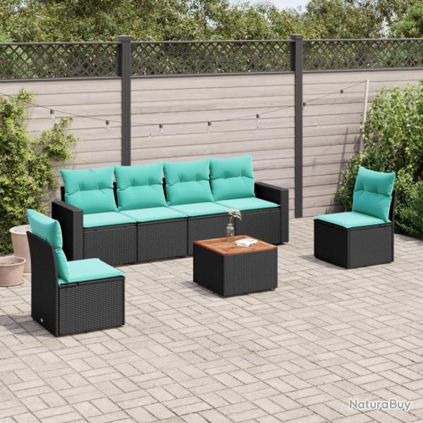 Salon de jardin 7 pcs avec coussins noir r�sine tress�e