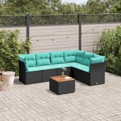 Salon de jardin 7 pcs avec coussins noir r&eacute;sine tress&eacute;e