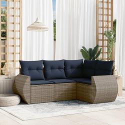 Ensemble de canap&eacute; de jardin 4 pcs avec coussins gris r&eacute;sine tress&eacute;e