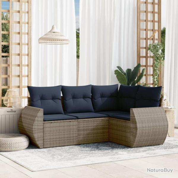 Ensemble de canap� de jardin 4 pcs avec coussins gris r�sine tress�e