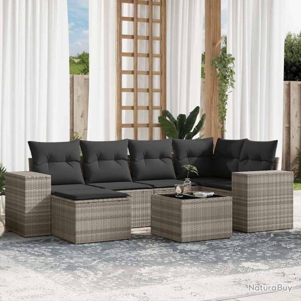 Salon de jardin avec coussins 7 pcs gris clair r�sine tress�e