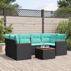 Ensemble de canap&eacute; de jardin 7 pcs avec coussins noir r&eacute;sine tress&eacute;e