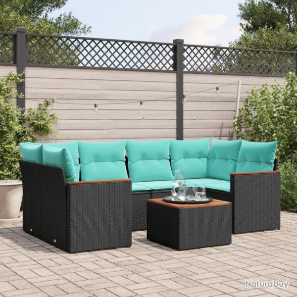 Ensemble de canap� de jardin 7 pcs avec coussins noir r�sine tress�e