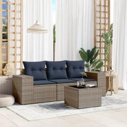Ensemble de canap&eacute; de jardin 4 pcs avec coussins gris r&eacute;sine tress&eacute;e
