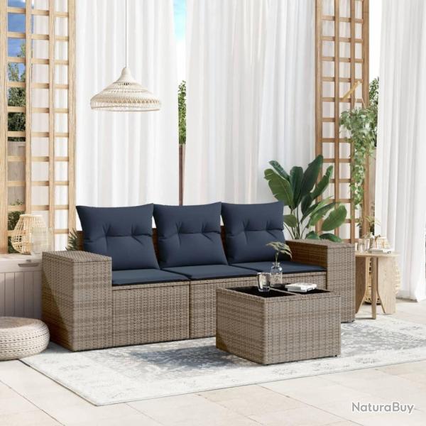 Ensemble de canap� de jardin 4 pcs avec coussins gris r�sine tress�e