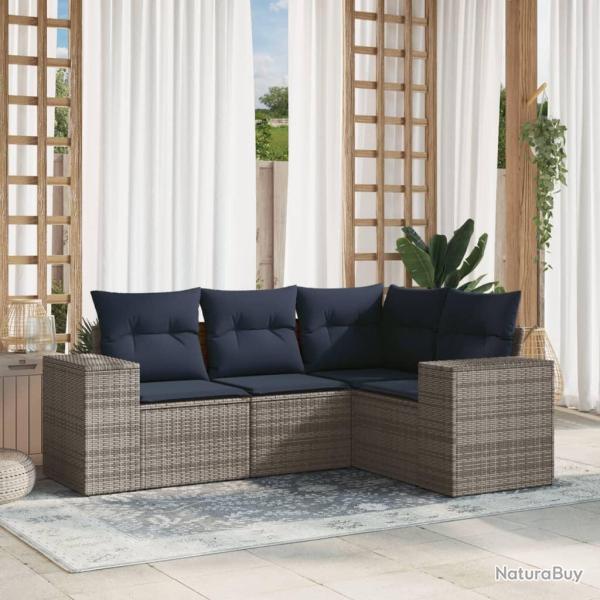Ensemble de canap� de jardin 4 pcs avec coussins gris r�sine tress�e