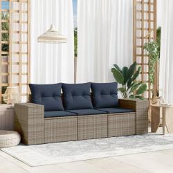Ensemble de canap&eacute; de jardin 3 pcs avec coussins gris r&eacute;sine tress&eacute;e