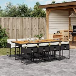 Ensemble &agrave; manger de jardin 9pcs coussins noir r&eacute;sine tress&eacute;e