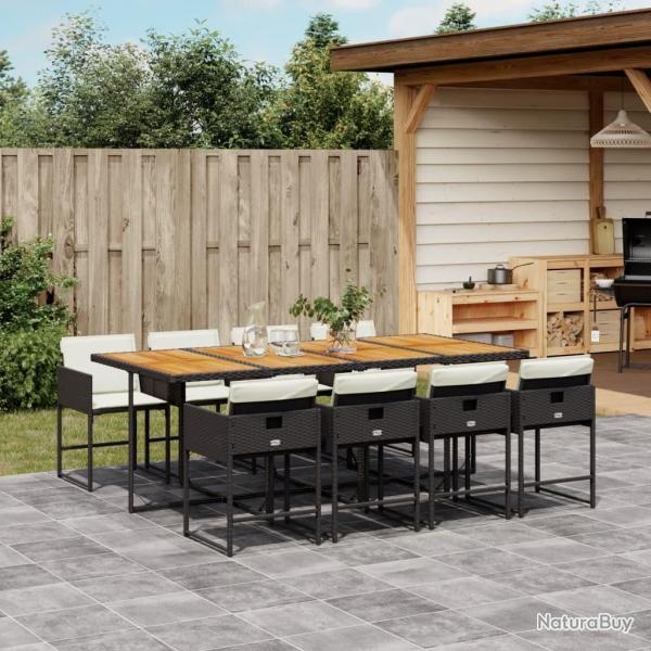 Ensemble � manger de jardin 9pcs coussins noir r�sine tress�e