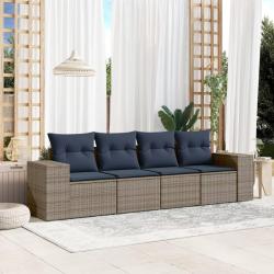 Ensemble de canap&eacute; de jardin 4 pcs avec coussins gris r&eacute;sine tress&eacute;e