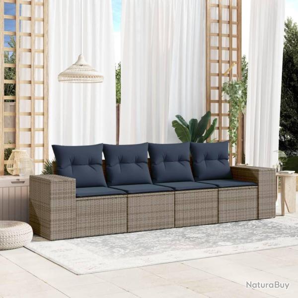 Ensemble de canap� de jardin 4 pcs avec coussins gris r�sine tress�e