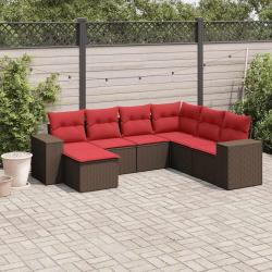 Ensemble de canap&eacute; de jardin 7 pcs avec coussins marron r&eacute;sine tress&eacute;e