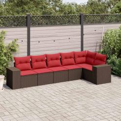 Ensemble de canap&eacute; de jardin 6 pcs avec coussins marron r&eacute;sine tress&eacute;e