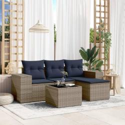 Ensemble de canap&eacute; de jardin 5 pcs avec coussins gris r&eacute;sine tress&eacute;e