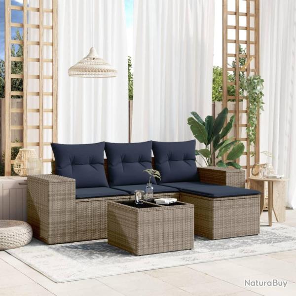 Ensemble de canap� de jardin 5 pcs avec coussins gris r�sine tress�e