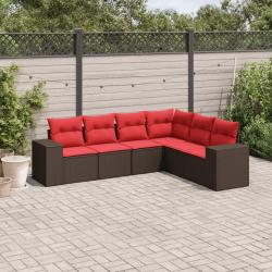 Ensemble de canap&eacute; de jardin 6 pcs avec coussins marron r&eacute;sine tress&eacute;e