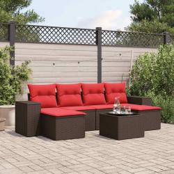 Ensemble de canap&eacute; de jardin 7 pcs avec coussins marron r&eacute;sine tress&eacute;e