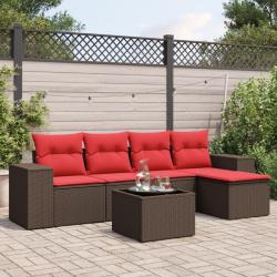 Ensemble de canap&eacute; de jardin 6 pcs avec coussins marron r&eacute;sine tress&eacute;e