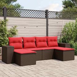 Ensemble de canap&eacute; de jardin 6 pcs avec coussins marron r&eacute;sine tress&eacute;e
