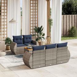 Ensemble de canap&eacute; de jardin 6 pcs avec coussins gris r&eacute;sine tress&eacute;e