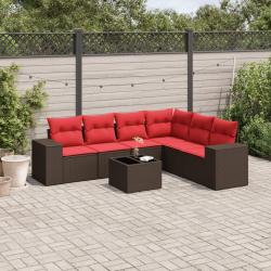 Ensemble de canap&eacute; de jardin 7 pcs avec coussins marron r&eacute;sine tress&eacute;e