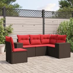 Ensemble de canap&eacute; de jardin 5 pcs avec coussins marron r&eacute;sine tress&eacute;e