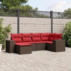 Ensemble de canap&eacute; de jardin 6 pcs avec coussins marron r&eacute;sine tress&eacute;e