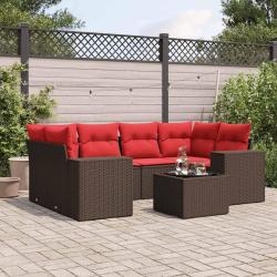 Ensemble de canap&eacute; de jardin 7 pcs avec coussins marron r&eacute;sine tress&eacute;e