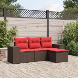 Ensemble de canap&eacute; de jardin 4 pcs avec coussins marron r&eacute;sine tress&eacute;e