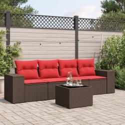 Ensemble de canap&eacute; de jardin 5 pcs avec coussins marron r&eacute;sine tress&eacute;e