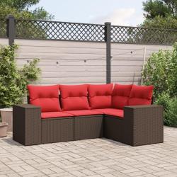 Ensemble de canap&eacute; de jardin 4 pcs avec coussins marron r&eacute;sine tress&eacute;e
