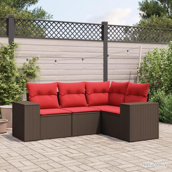 Ensemble de canap� de jardin 4 pcs avec coussins marron r�sine tress�e