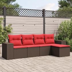 Ensemble de canap&eacute; de jardin 5 pcs avec coussins marron r&eacute;sine tress&eacute;e