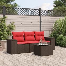 Ensemble de canap&eacute; de jardin 4 pcs avec coussins marron r&eacute;sine tress&eacute;e