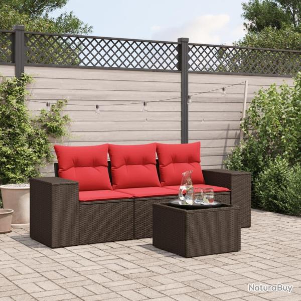 Ensemble de canap� de jardin 4 pcs avec coussins marron r�sine tress�e