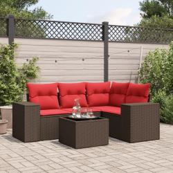 Ensemble de canap&eacute; de jardin 5 pcs avec coussins marron r&eacute;sine tress&eacute;e