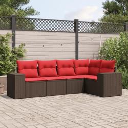 Ensemble de canap&eacute; de jardin 5 pcs avec coussins marron r&eacute;sine tress&eacute;e