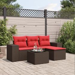 Ensemble de canap&eacute; de jardin 5 pcs avec coussins marron r&eacute;sine tress&eacute;e