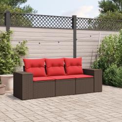 Ensemble de canap&eacute; de jardin 3 pcs avec coussins marron r&eacute;sine tress&eacute;e